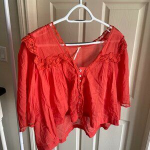 Free People Size S Red Blouse Lace Detail 100% Cotton
